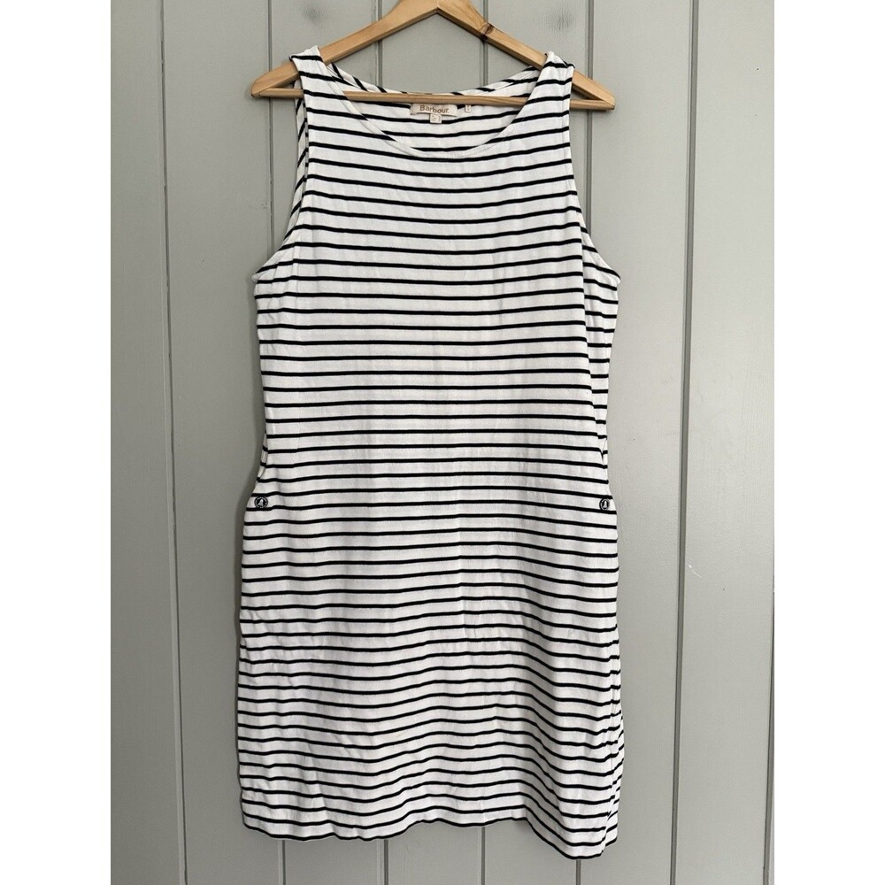 Barbour Dalmore Nautical Dress 12 Navy Blue White Stripe Sleeveless Knit